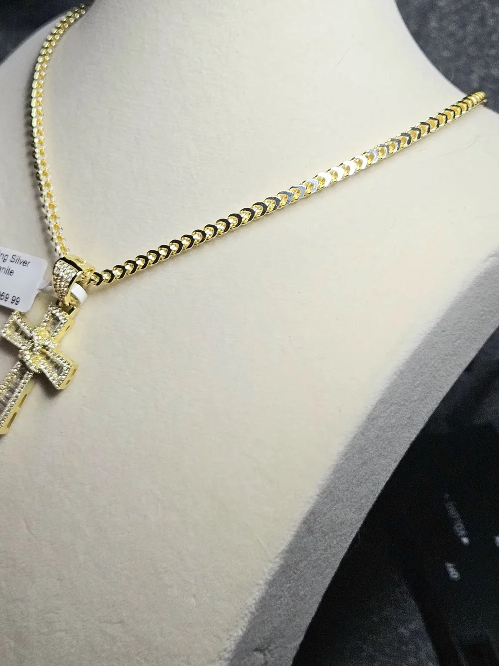 Sterling Silver 14k Gold Over Moissanite Cross Pendant And 18in Franco Chain